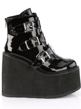 Black Patent Ankle Boots with Triple Buckle Straps
